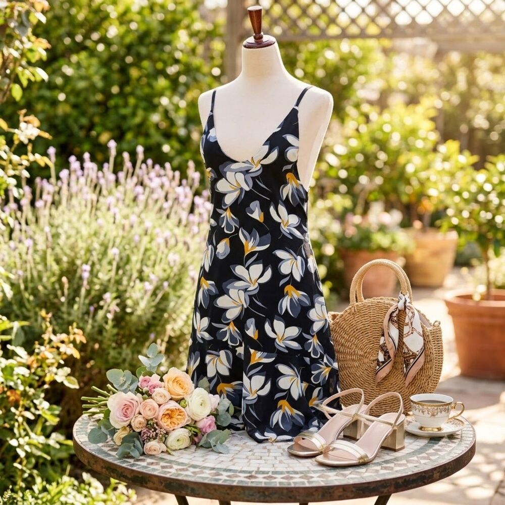 Black Floral Slip Midi Dress Ruffle Hem Open V-Back Size L